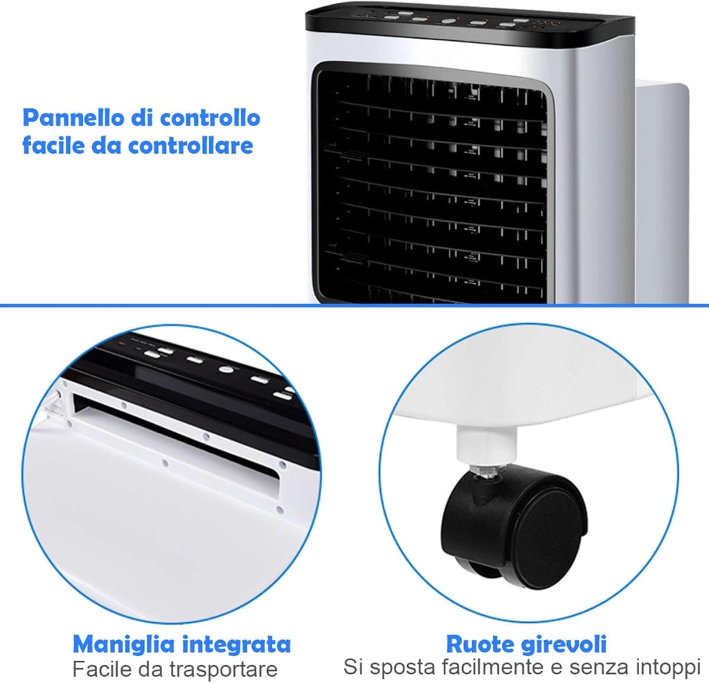 Condizionatore Portatile, Raffreddatore d’aria con Serbatoio Acqua 8L, 3 Modalità, 3 Velocità, Telecomando e Ruote, 7,5H Timer, per Casa, Ufficio