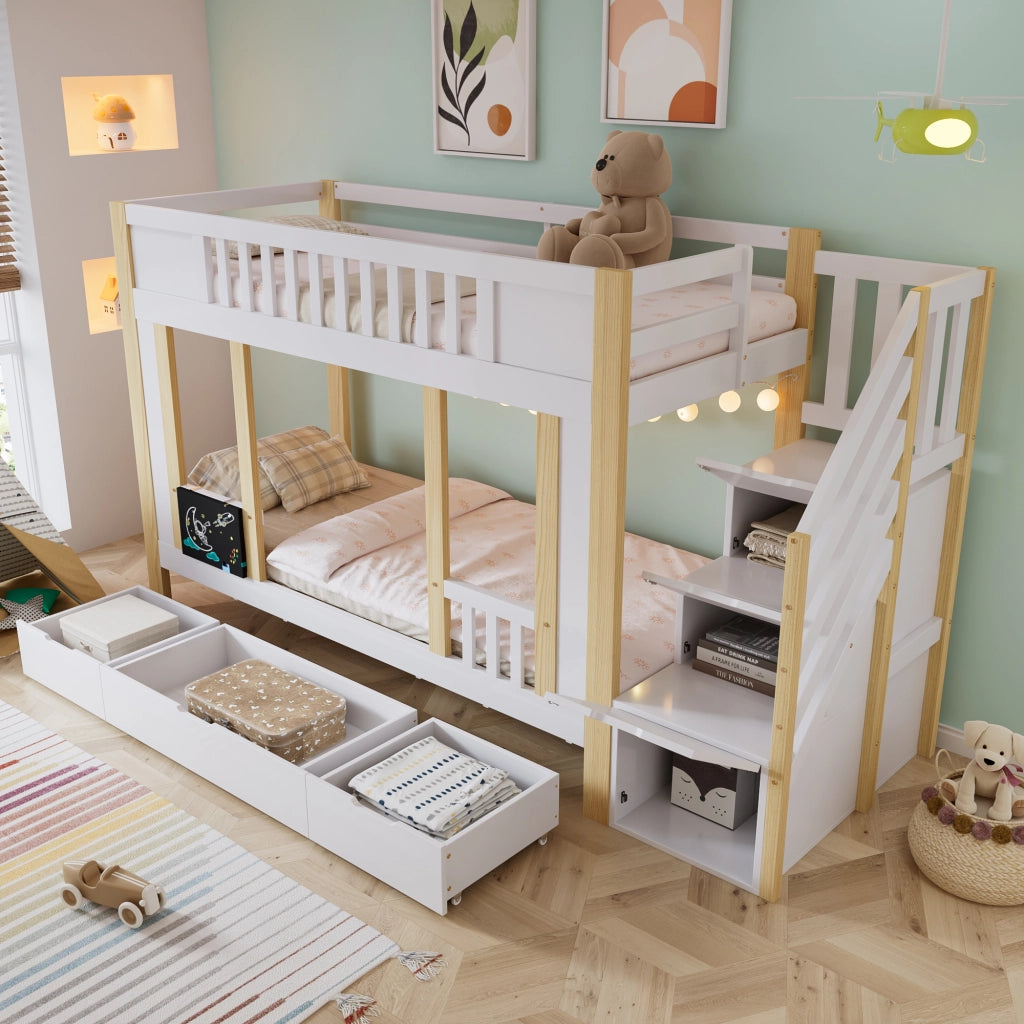 OKWISH Letto a Castello 90×200 cm, Letto Singolo con Scala Contenitore, 3 Cassetti e Lavagna, senza Materasso, Bianco Naturale