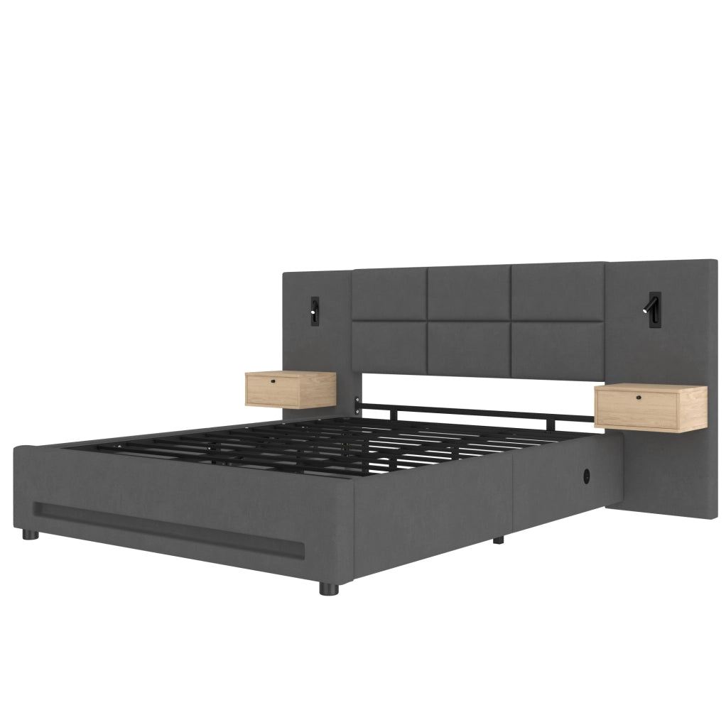Letto matrimoniale imbottito con contenitore; testiera con vano portaoggetti; USB-C e LED; 180x200 cm; velluto grigio scuro