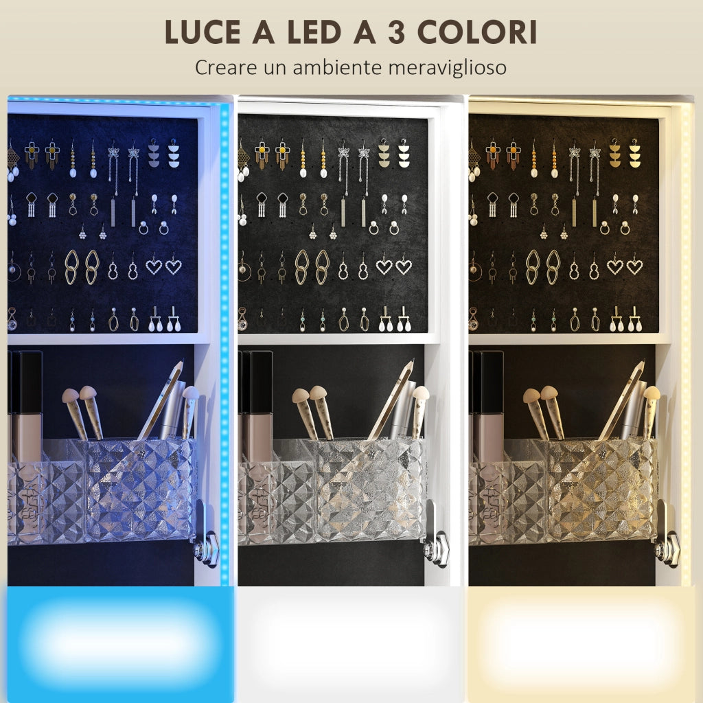 Specchio Girevole con Armadietto Portagioielli e Appendiabiti 37x40x165,5 cm Luce LED Regolabile e Serratura in MDF
