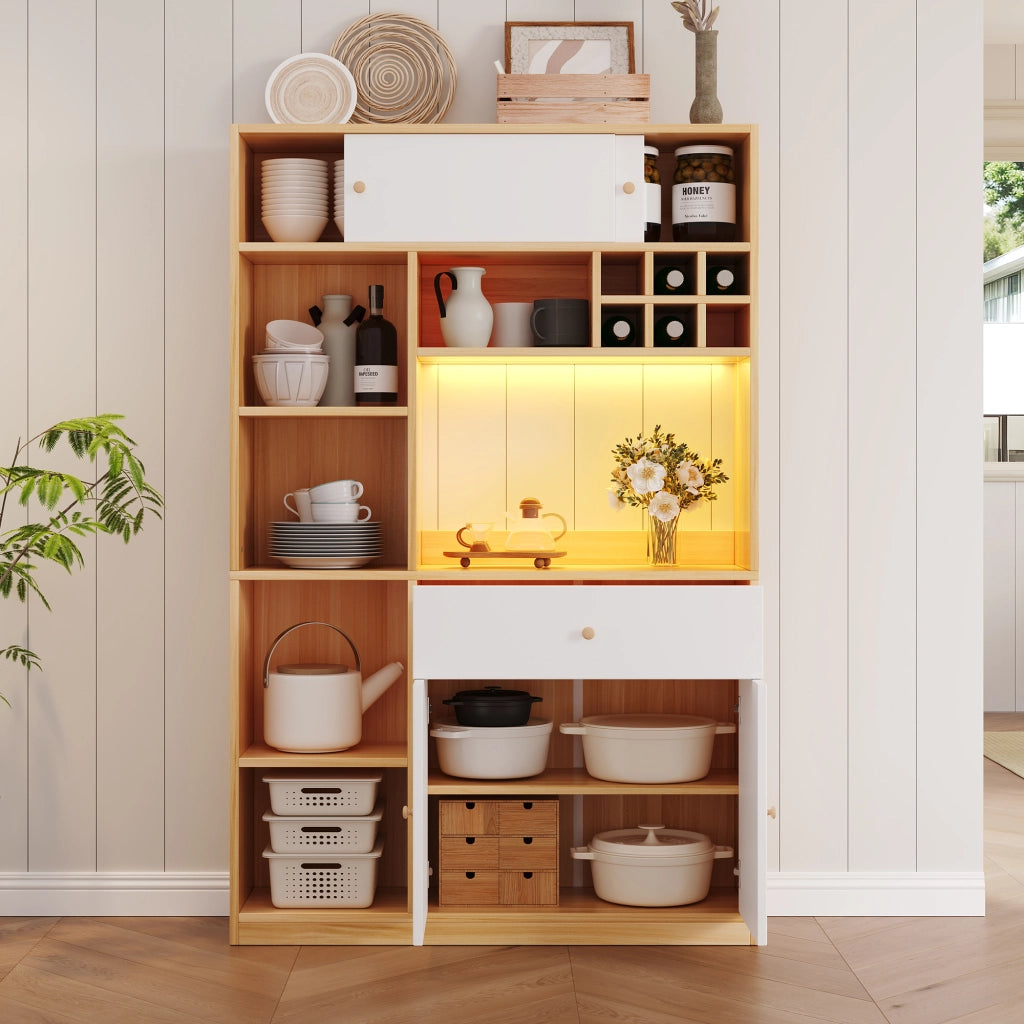Credenza alta con LED, 1 cassetto, 3 ante e ripiani aperti, per cucina e soggiorno, bianco naturale, 115 × 35 × 180 cm