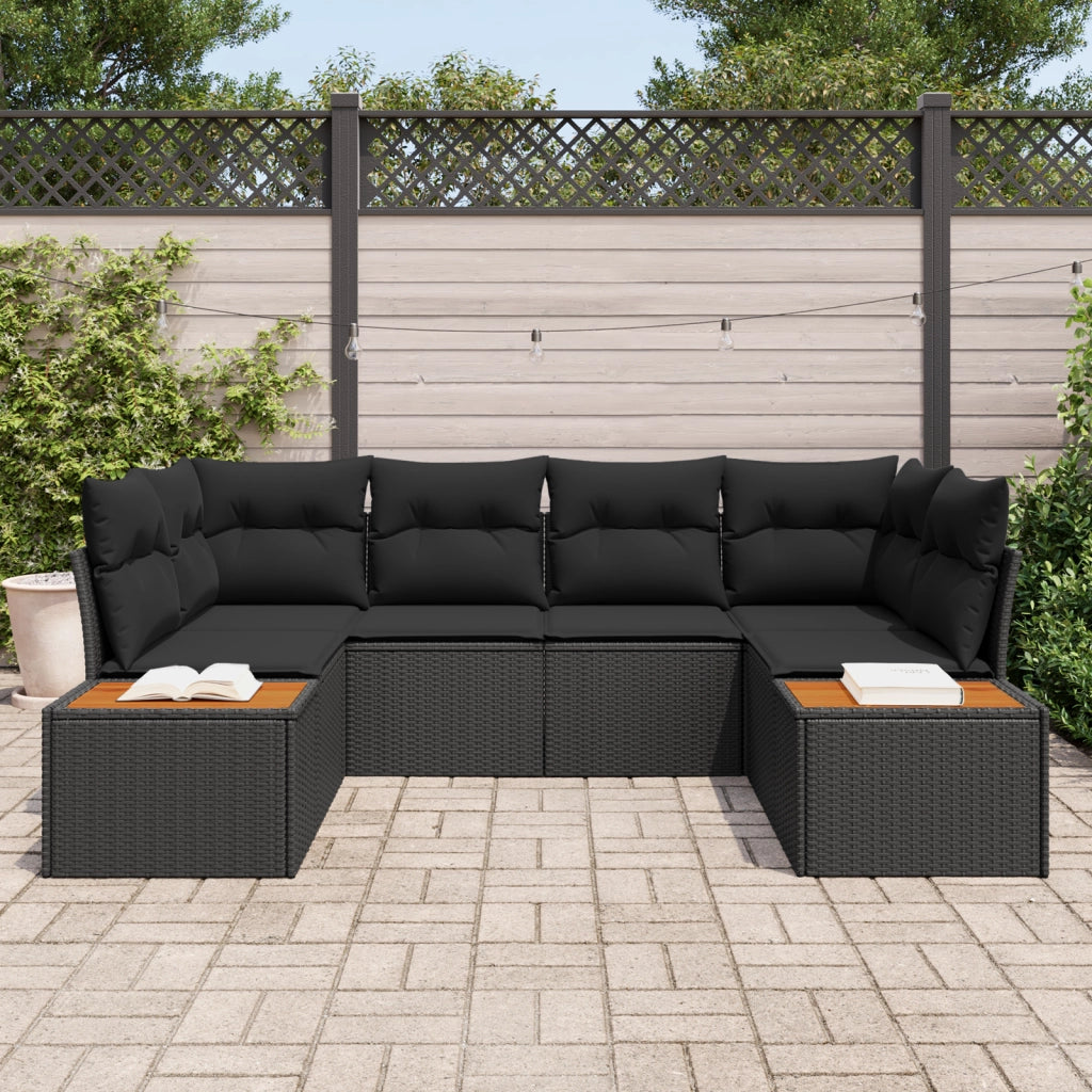 Set di divani da giardino a 6 pezzi con cuscini neri in polyrattan di acacia