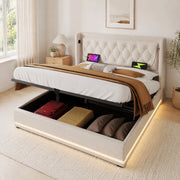 Letto matrimoniale imbottito 140x200 cm beige in cotone con contenitore; USB e LED
