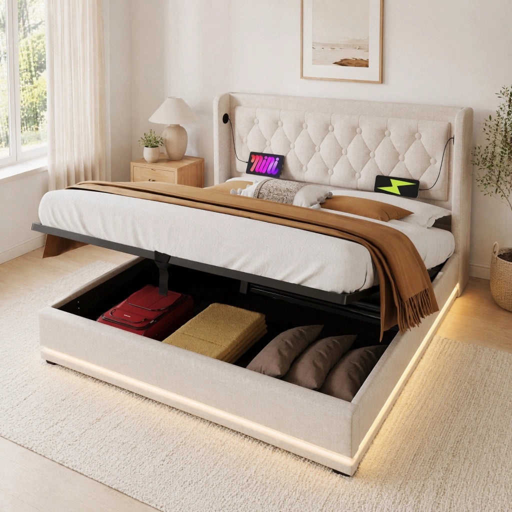Letto matrimoniale imbottito 140x200 cm beige in cotone con contenitore; USB e LED