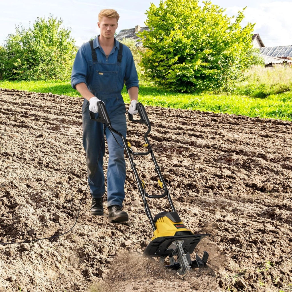 Motozappa Elettrica a Filo, Zappatrice da Giardino con Manico Ergonomico e Motore Forte, Motocoltivatore Pieghevole per Scavare Terreno del Prato (36,5 x 24 x 138 cm,Giallo)