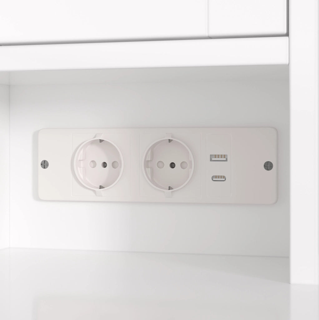 Tavolo da toeletta 131.5x40x140 cm con specchio LED; 8 cassetti e hocker; MDF e vetro; bianco