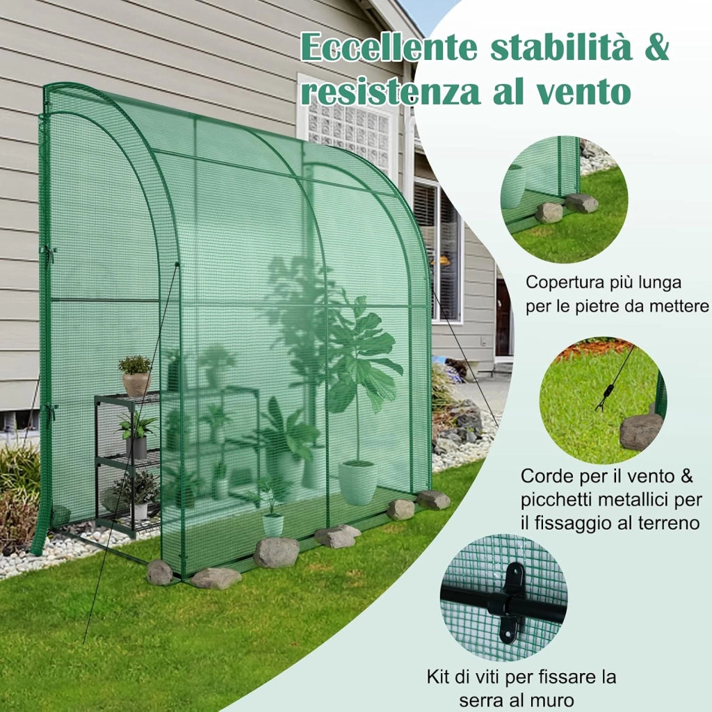 Serra da Giardino da Parete, Serra da Esterno Walk-in con Copertura in PE Resistente alle Intemperie, Porte a Cerniera Avvolgibili e Scaffale Porta Piante, 200 x 100 x 215 cm
