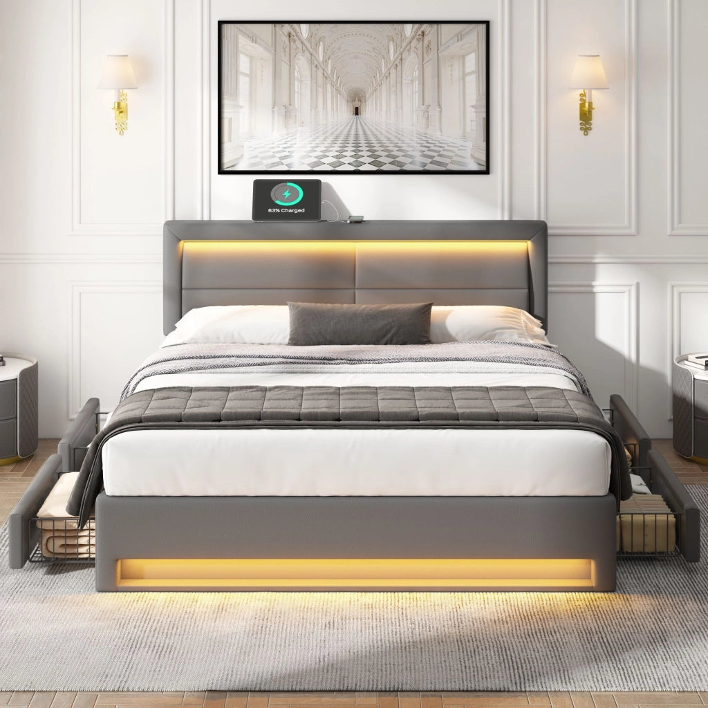 Letto imbottito matrimoniale 140x190 cm in PU grigio con LED, USB, contenitore a 4 cassetti, senza materasso