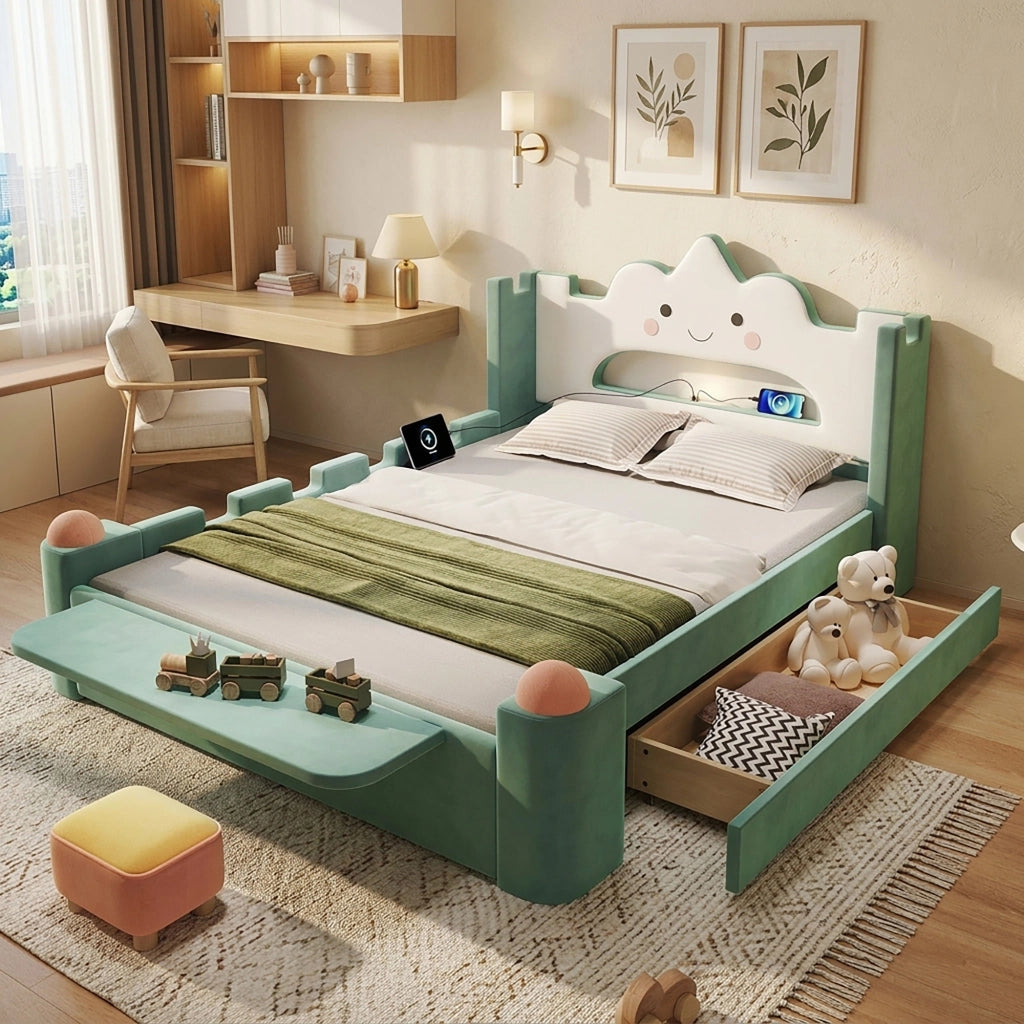 Letto con Sponda 140x200 cm; Letto Singolo - USB; Lampada e Cassetto - Bluverde