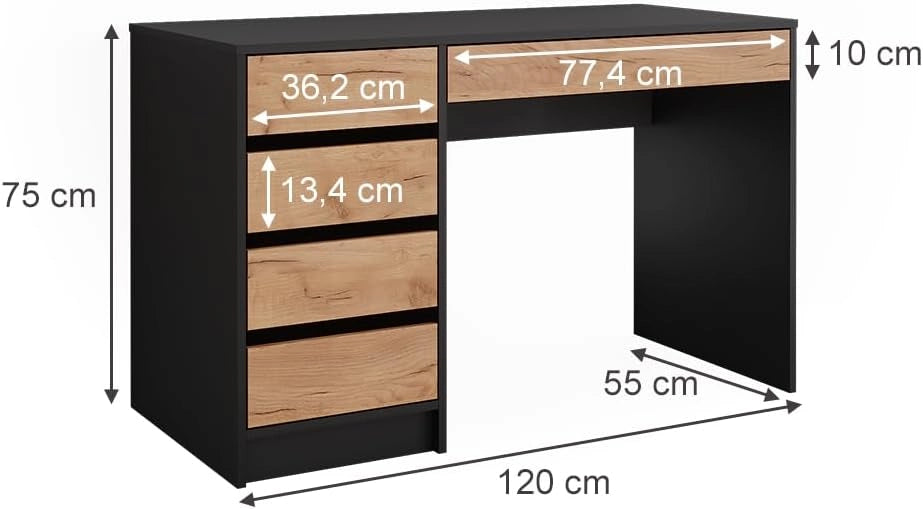 Tavolo da toilette Sherry, Antracite/quercia dorata, 120 x 75 cm Senza specchio, 5 cassetti per diverse esigenze di conservazione