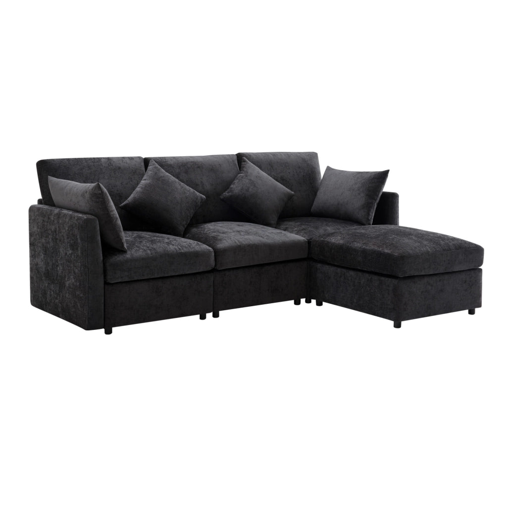 Divano modulare angolare 216x161x81 cm con pouf mobile in chenille grigio