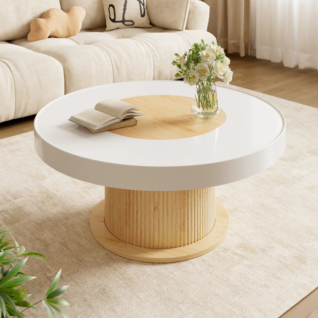 Tavolino basso rotondo con piano bicolore bianco e legno, base cilindrica scanalata, per soggiorno, 75 × 75 × 39 cm