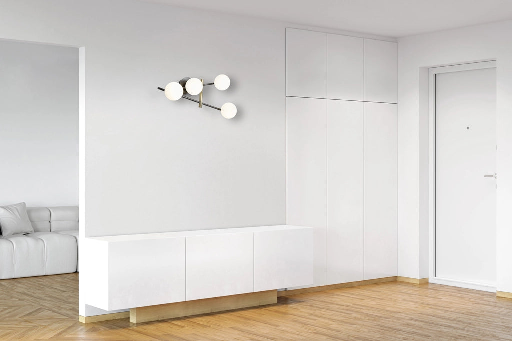 KIKA APPLIQUE PARETE 4 LUCI IN METALLO NERO E VETRI TONDI BIANCHI PARTICOLARI ORO ATTACCO G9