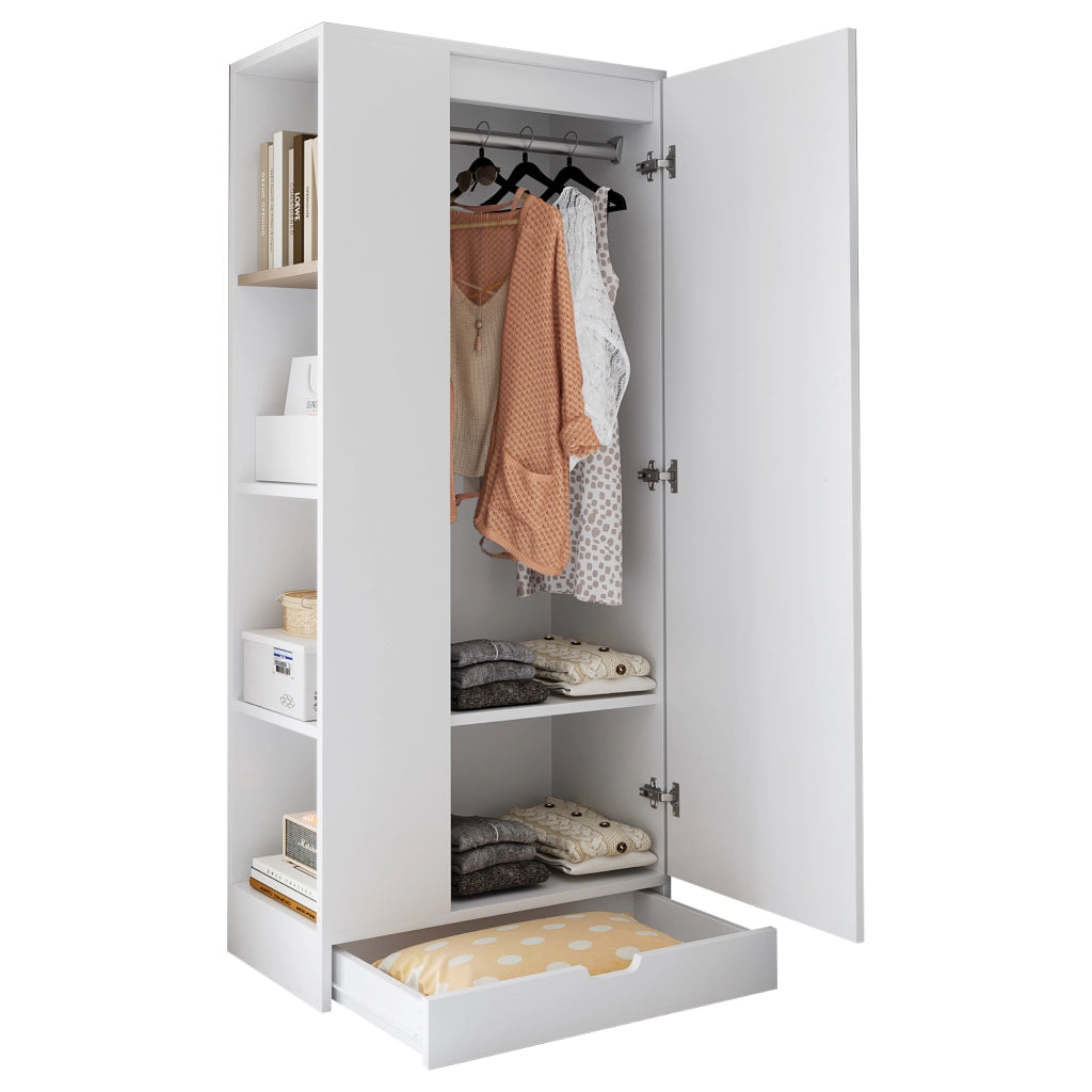 Armadio Guardaroba Bianco 70×40×170 cm con 1 Anta; Ripiani Regolabili e Cassetti Portaoggetti