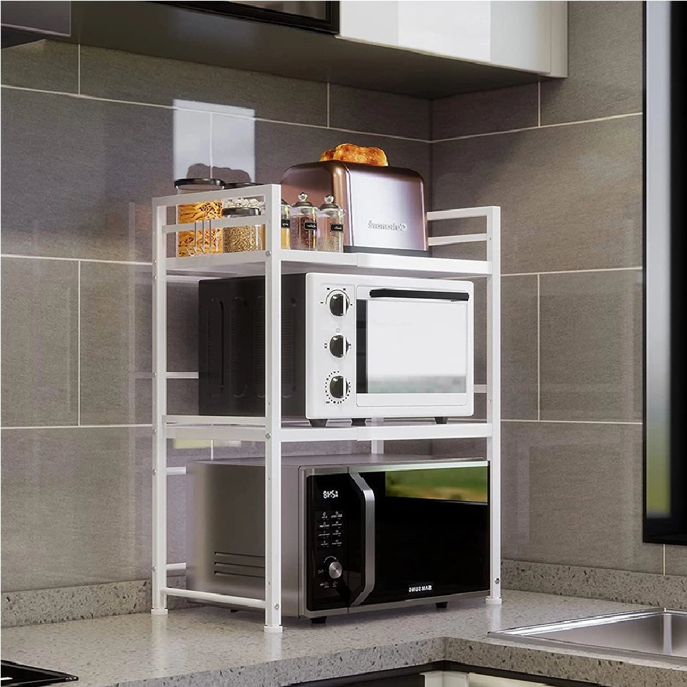Scaffale Estensibile Porta Microonde 2Ripiani Cucina Metallo Bianco 40-60x30H80cm