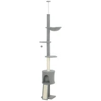 Albero per Gatti da Pavimento a Soffitto, di Altezza Regolabile 220-240cm, con Amaca, Piattaforme a Fiore, Tana, Rampa e Pallina, Grigio Chiaro