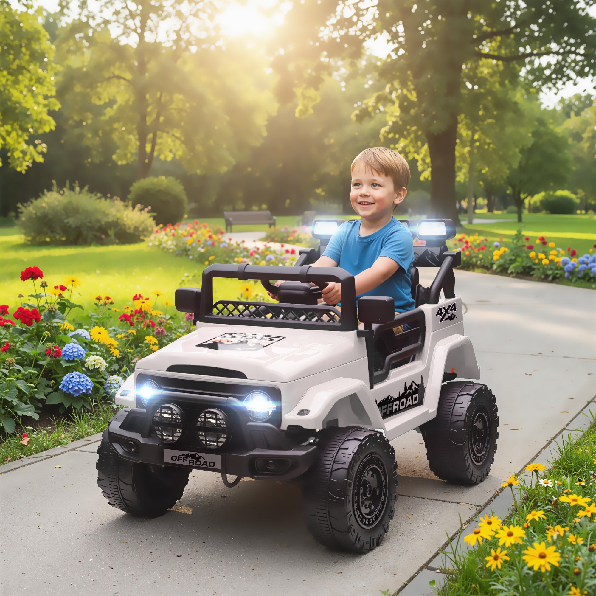 Macchina Fuoristrada per Bambini 99x66x68.5 cm con Fanali Clacson e Telecomando in PP e Metallo Bianco