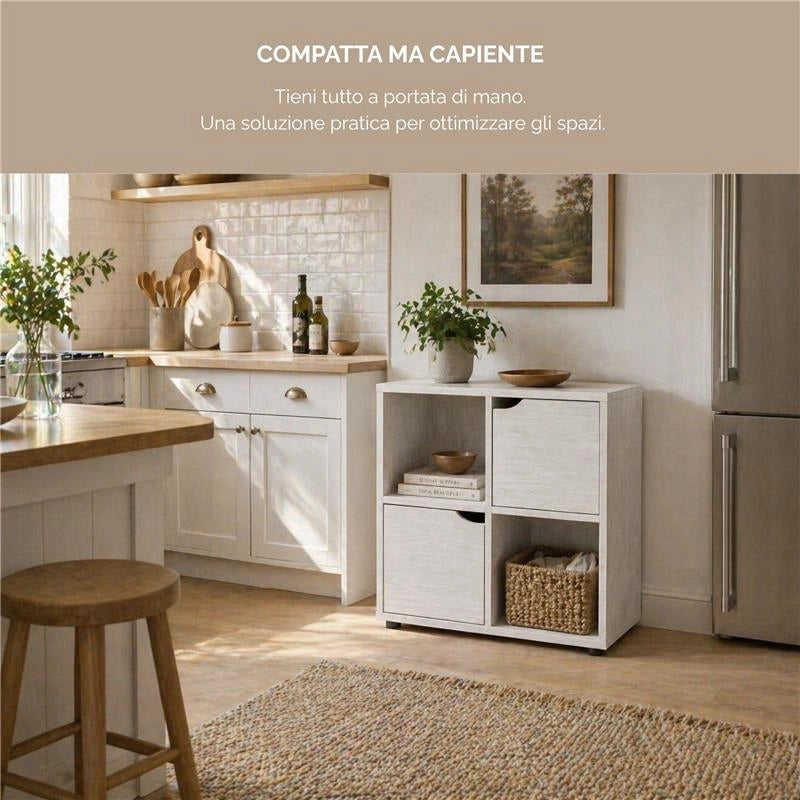 LIBRERIA CUBICA IN LEGNO BIANCO MODERNA CON 4 RIPIANI 2 CON ANTE DIMENSIONI 60X30X63 CM
