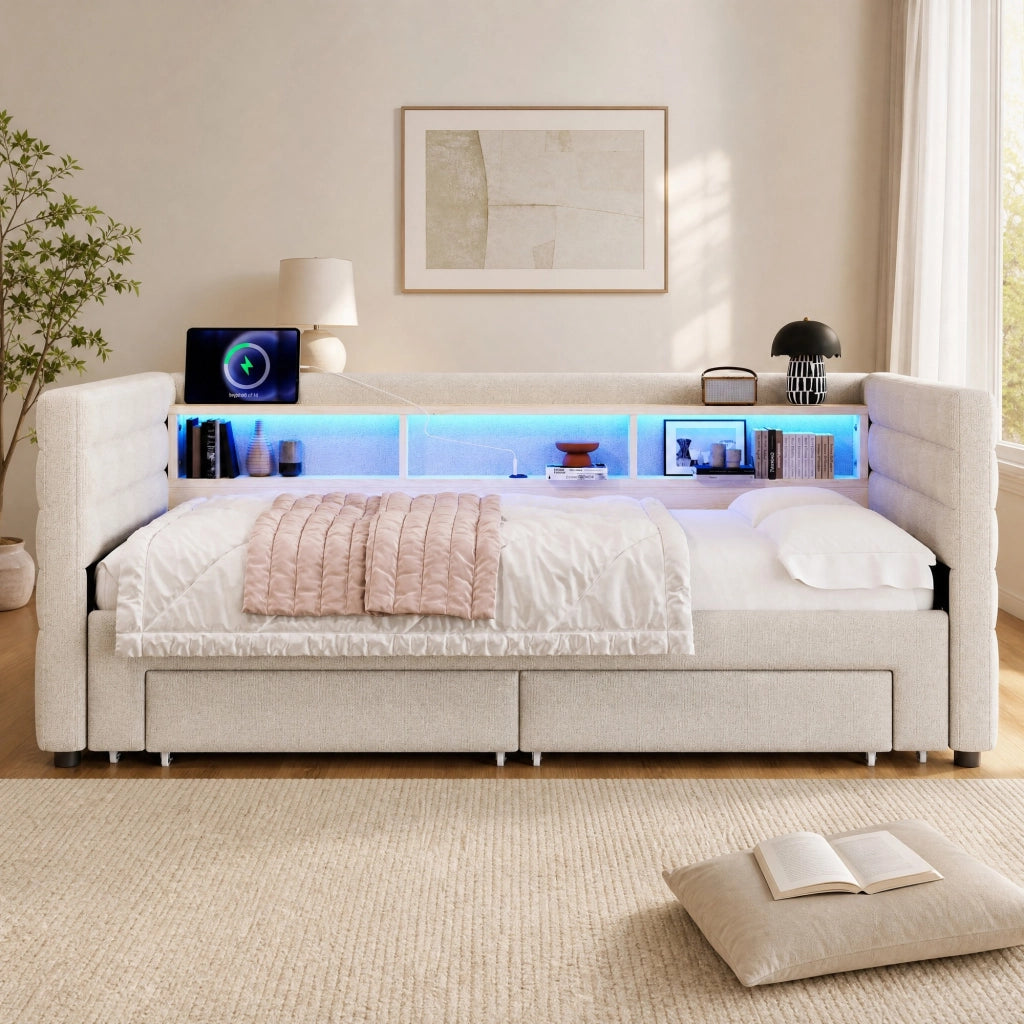 Divano letto estraibile in velluto beige 90 x 190 cm con LED