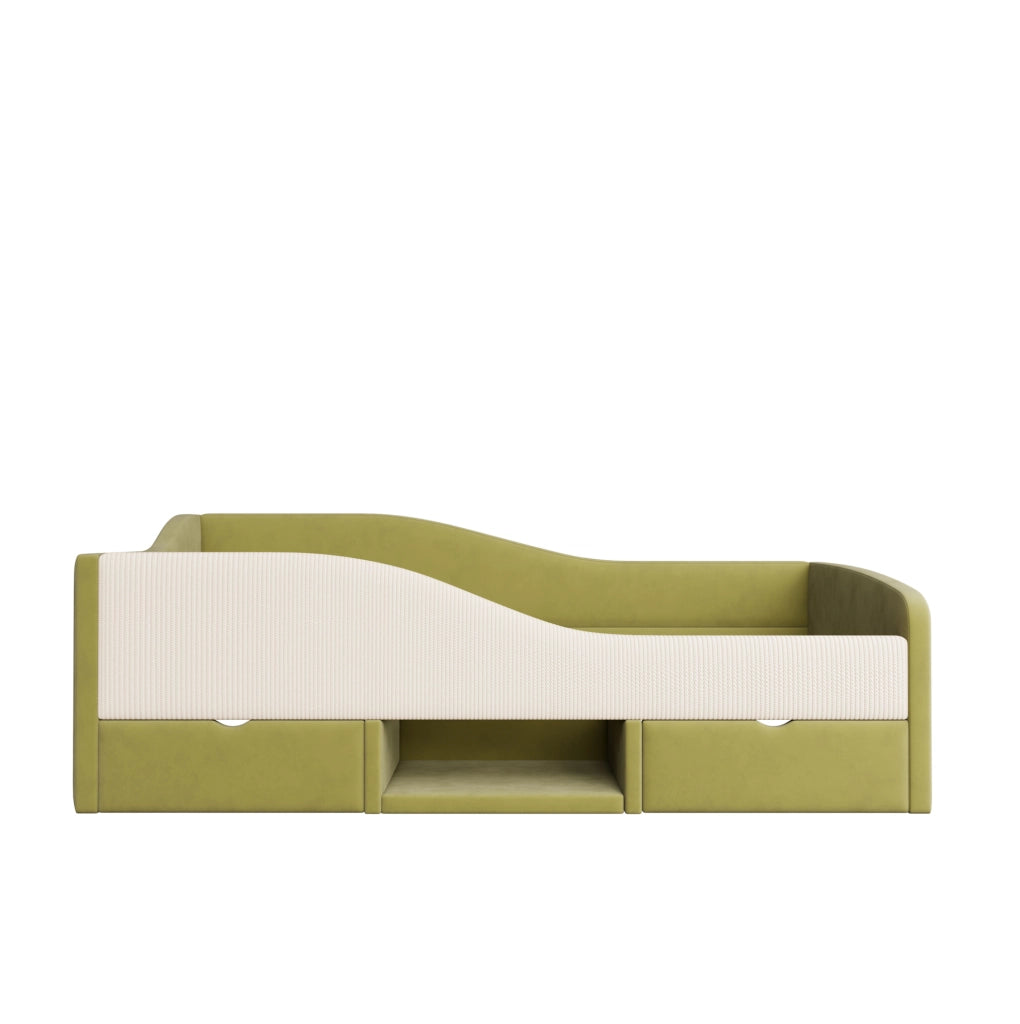 Letto imbottito 90x190 cm con sponde e contenitore in velluto verde e avorio