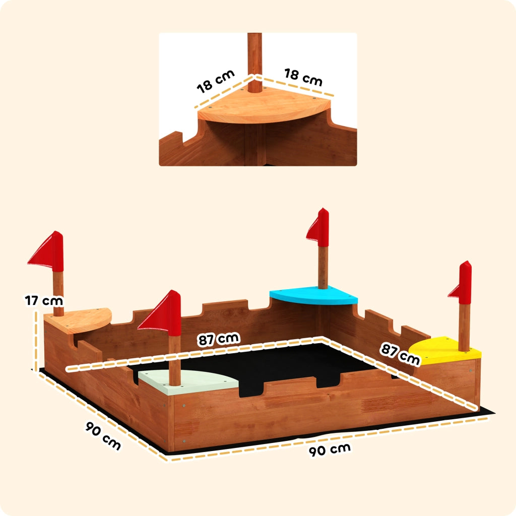 Sabbiera per Bambini 90x90x17 cm con 4 Sedute Angolari in Legno di Abete Multicolore