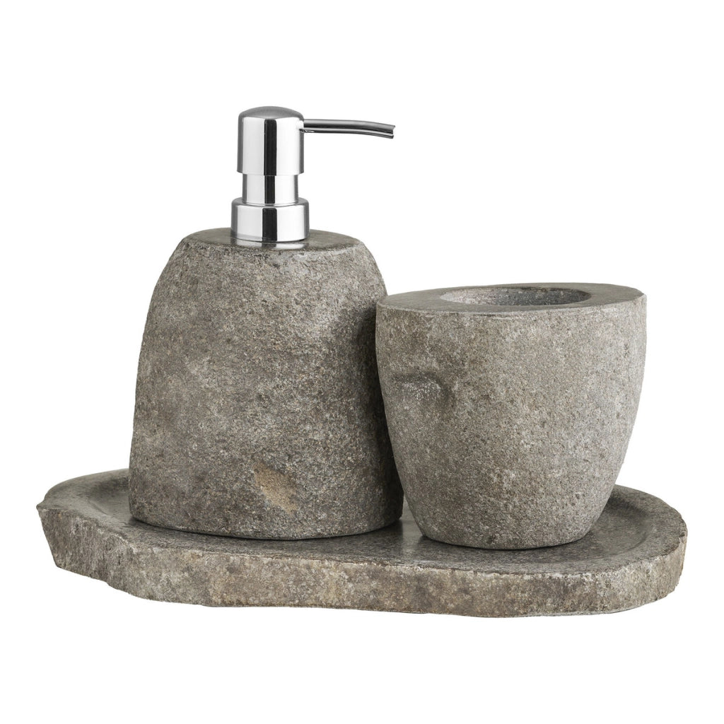 Set bagno Gara in pietra riverstone — dispenser, portaoggetti e vassoio