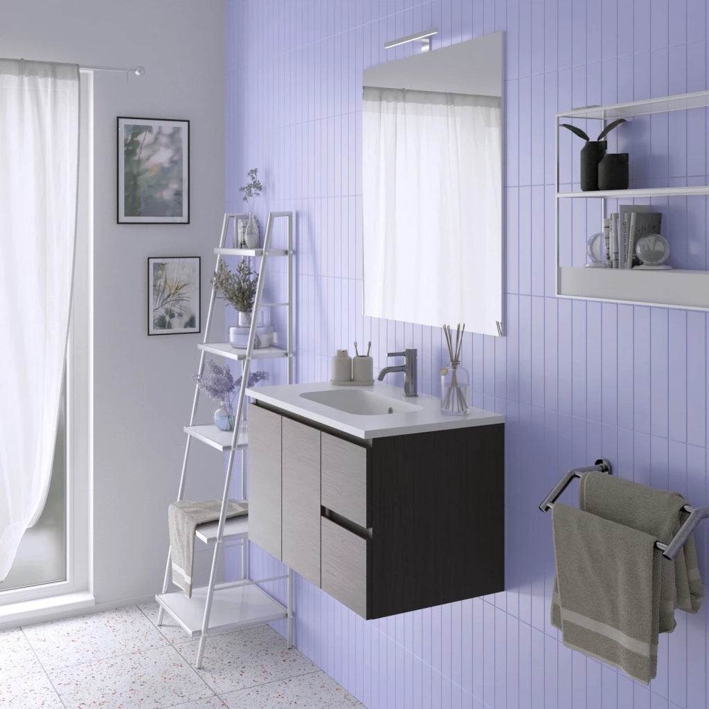 Mobile da bagno sospeso 80cm rovere scuro con lavabo e specchio | Rata