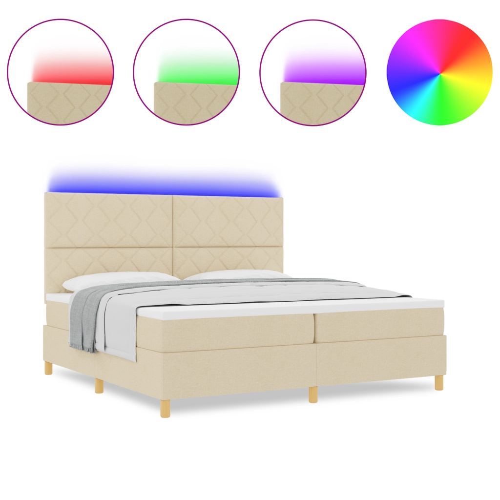Letto con Box Spring e Materasso & LED panna 200x200 cm in tessuto