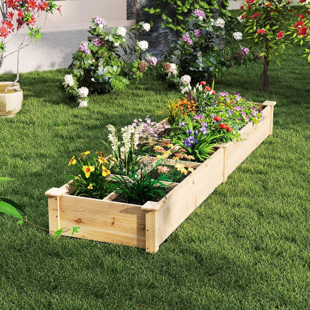 Lettino da Giardino Elevato in Legno con 2 Scatole per Piante e Separatori, Fioriera da Giardino Rialzato in Legno Massiccio da 228 cm per Fiori, Verdure, Frutta e Erbe (Naturale)