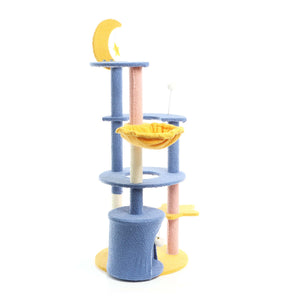 Fudajo Albero tiragraffi con luna e stelle 132cm blu e giallo Con casetta per gatti e sisal