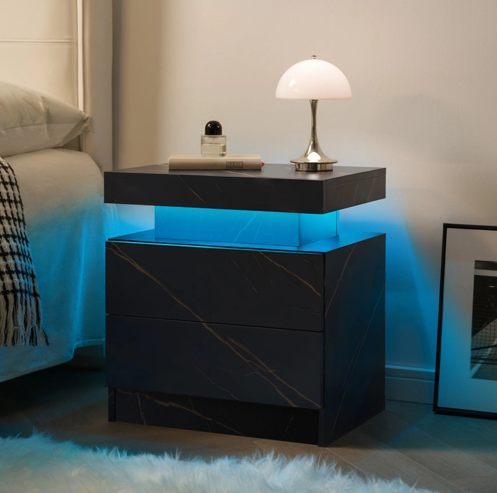 Comodino nero e oro in legno ingegnerizzato, LED regolabili con 2 cassetti