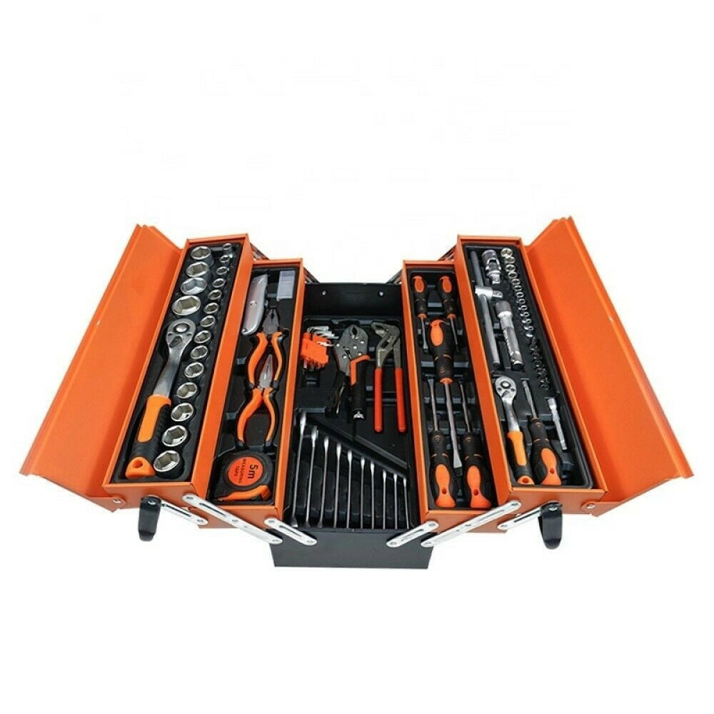 Trade Shop - Cassetta Attrezzi Completa Di 85 Utensili A 5 Scomparti Chiavi Cricchetti Pinze -