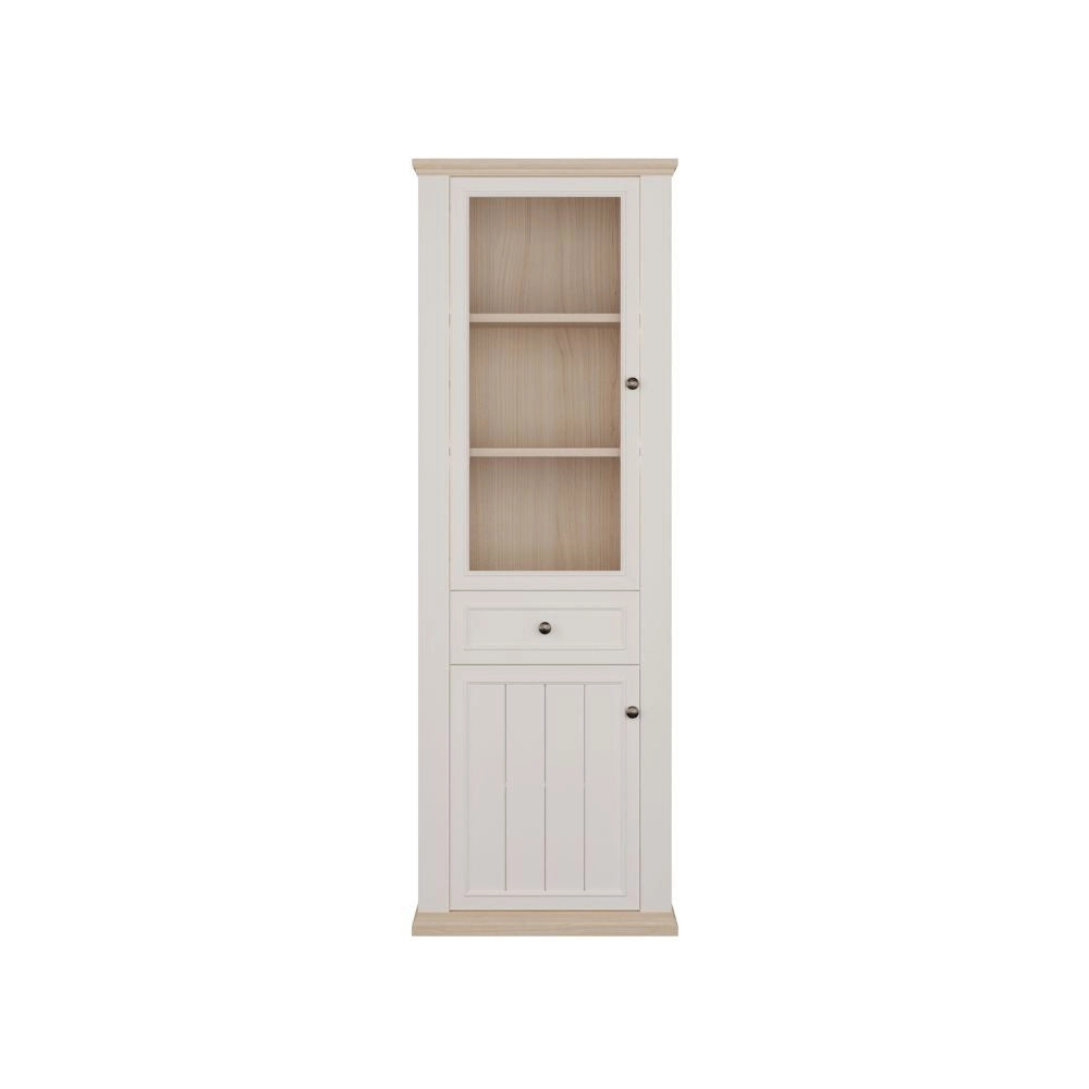 Vetrina Essenza 1 Anta Vetro e 1 Anta con Cassetto Bianco e Rovere 202 cm – Stile Classico