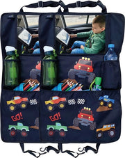 2 sedili per bambini con protezione per la schiena e organizzatore con supporto per tablet, contenitore per accessori - tema Monster Truck - universale - 70x45cm - comprensivo di contenitore per bicchieri + contenitore per oggetti