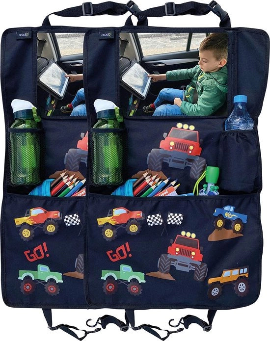 2 sedili per bambini con protezione per la schiena e organizzatore con supporto per tablet, contenitore per accessori - tema Monster Truck - universale - 70x45cm - comprensivo di contenitore per bicchieri + contenitore per oggetti