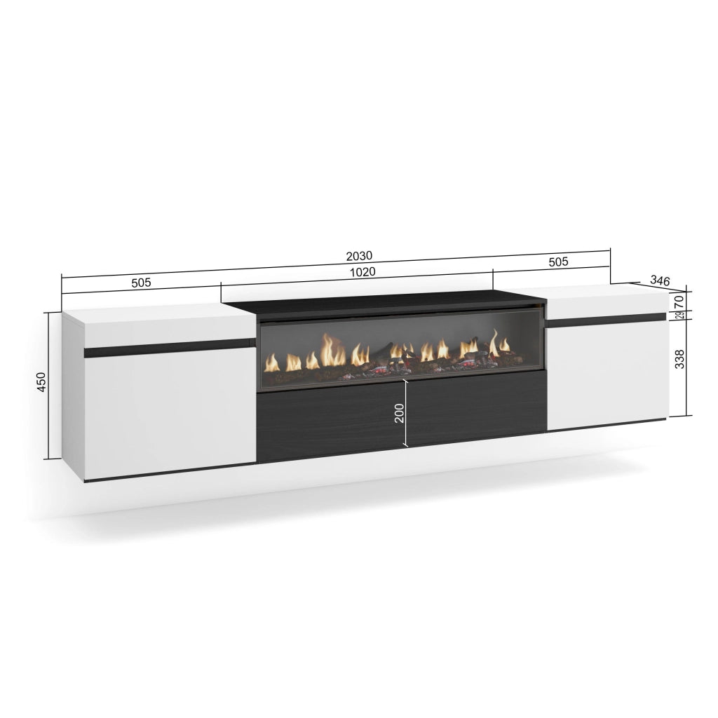 Mobile TV, 200x35x45cm, soggiorno, Per TV fino a 80", Camino elettrico, da appendere, Bianco e nero RF2171