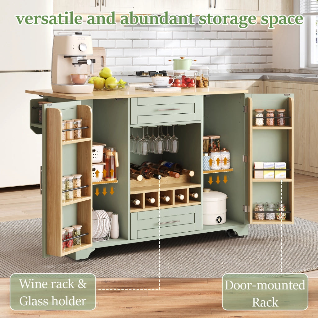 Carrello da cucina con piano estraibile 2 ante 2 cassetti ripiani regolabili e portabottiglie per cucina verde antico