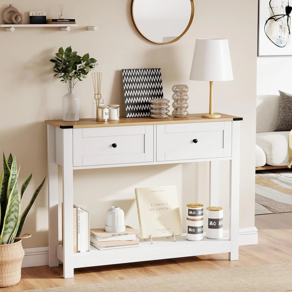 Tavolo Consolle Bianco 106 x 30 x 81,5 cm, Consolle Ingresso con 2 Cassetti e Ripiano Aperto, Tavolino Slim Salvaspazio Moderno per Soggiorno, Corridoio e Camera da Letto