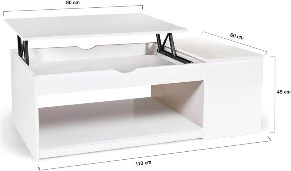 Tavolino ELEA rettangolare alzabile con cassa in legno bianco