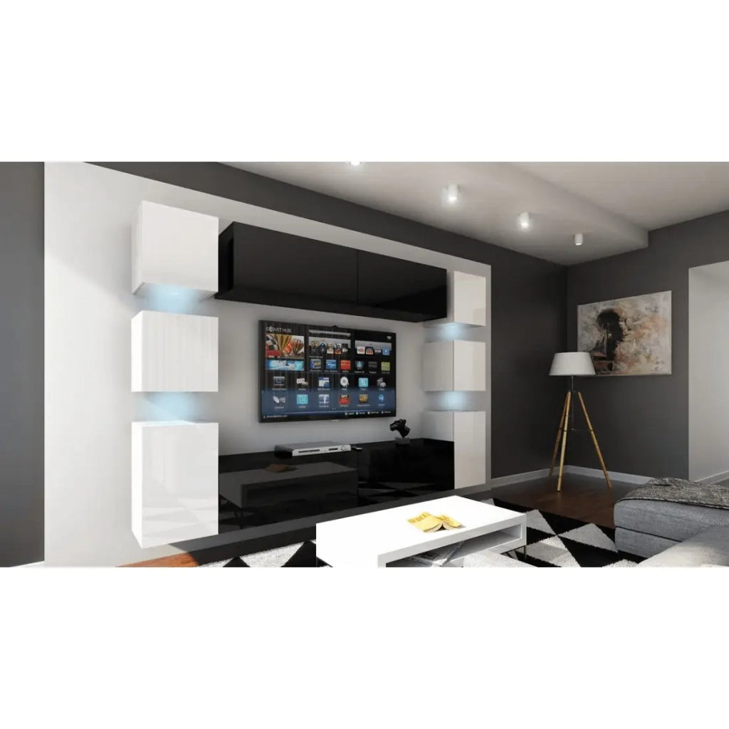 Set di mobili da soggiorno sospesi, colore nero al centro e bianco ai lati, collezione CEPTO XIV. 256cm, 10 pezzi, con LED.
