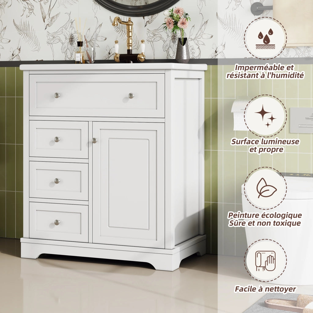 Mobile Bagno con Lavabo in Ceramica ¨C MINIMAL ¨C Bianco, Cassetto, 76x46x87 cm