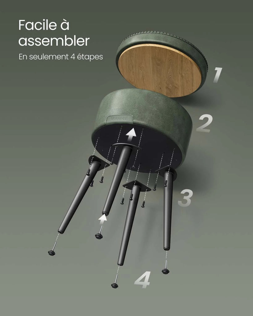 Pouf contenitore sgabello da toeletta in PU con cuciture moderno sgabello rotondo di metà secolo con gambe in acciaio capacità 150 kg verde 12_0005358