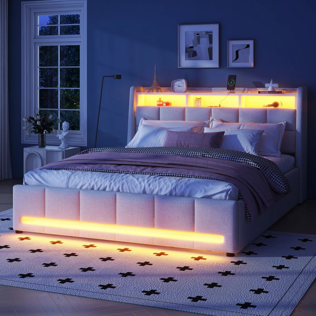 Letto imbottito 140 x 200 cm in lino e MDF, beige, con LED APP, USB, 2 cassetti e vani contenitore, senza materasso