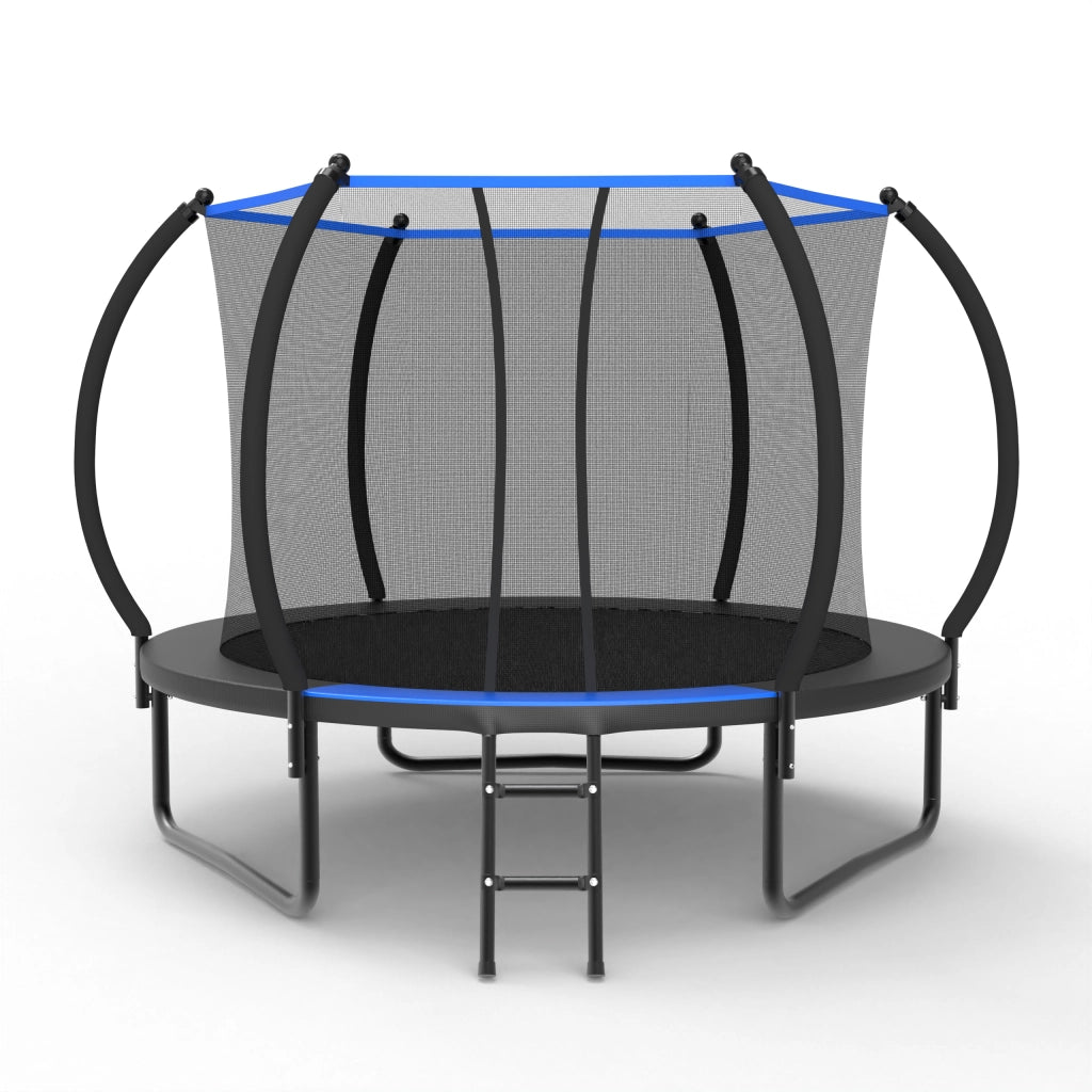 Trampolino da esterno tondo con rete di sicurezza e scala in acciaio nero e blu 305 × 305 × 248 cm