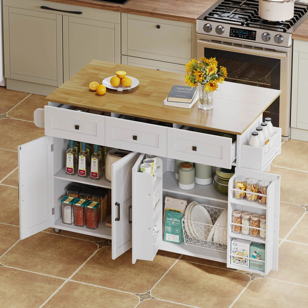 Isola da cucina 140x43(70)x90.5 cm con piano pieghevole; 4 ante e 3 cassetti in MDF bianco e naturale