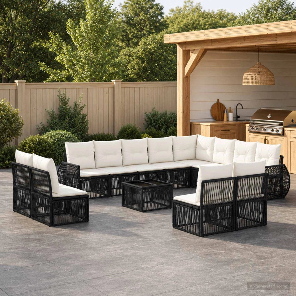 Set Divano da Giardino 13 pz Nero e Bianco Crema polyrattan 3435577