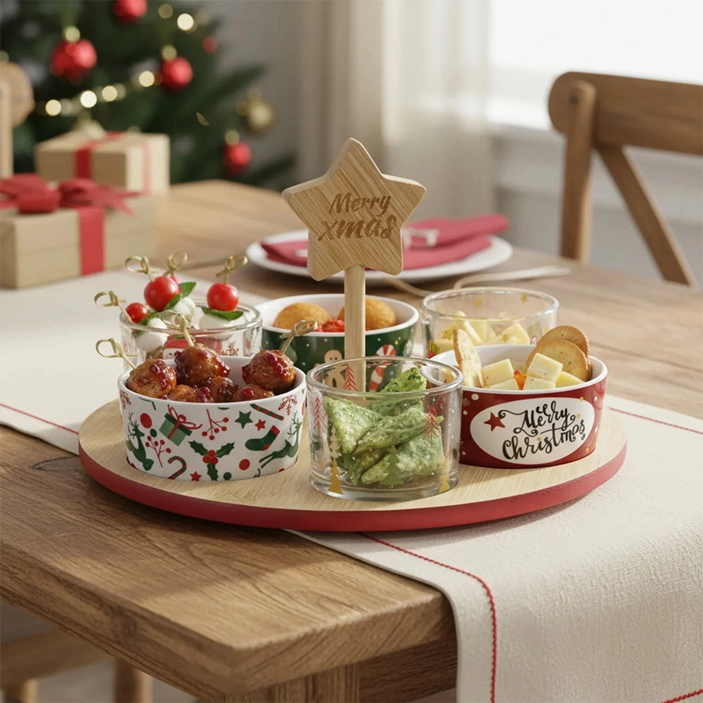 Trade Shop - Set Antipastiera Natalizia Base Rotonda In Bamboo ø 27 Cm Con 6 Ciotole Assortite -