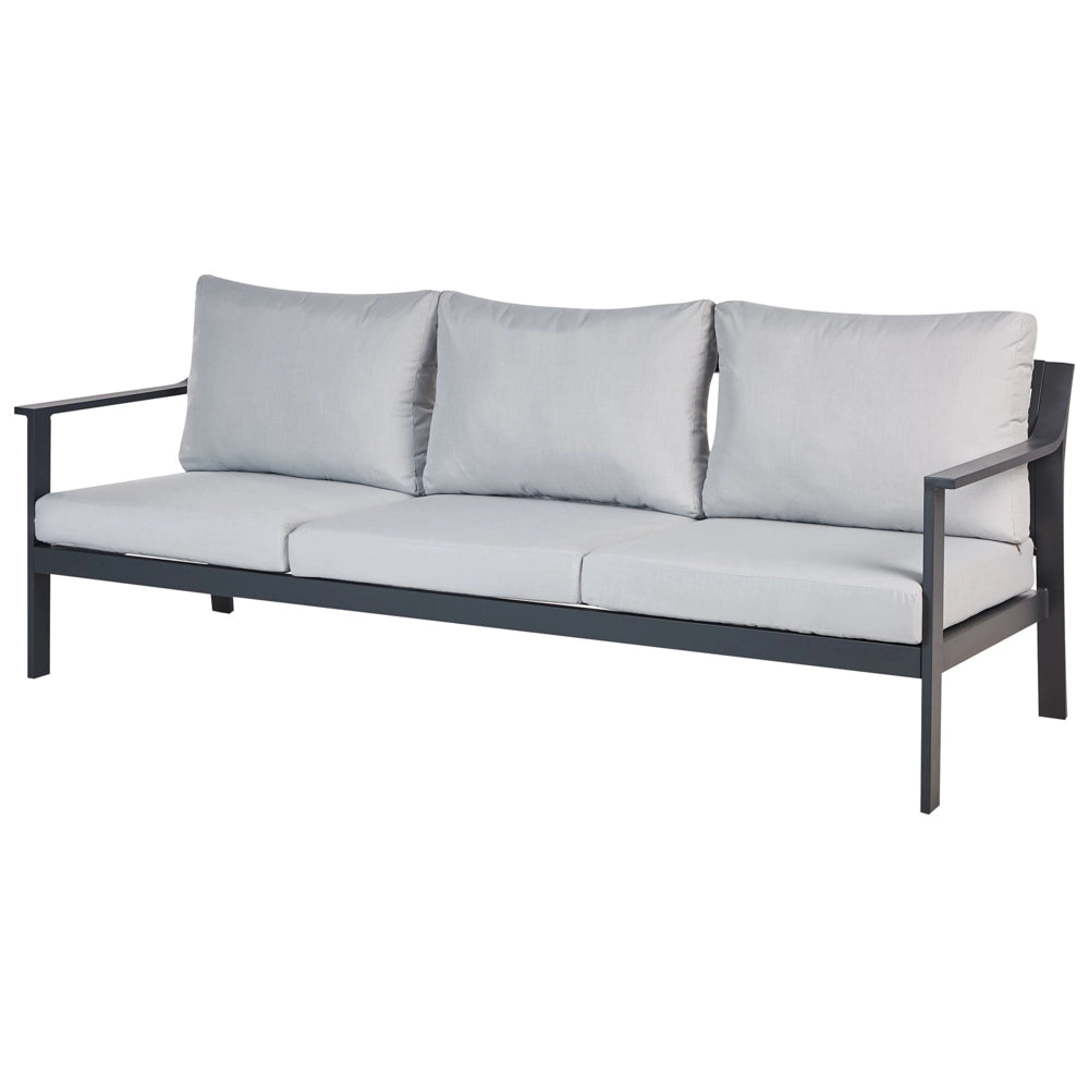 Divano da giardino 3 posti in alluminio con spessi cuscini idrorepellenti in grigio chiaro stile moderno scandinavo