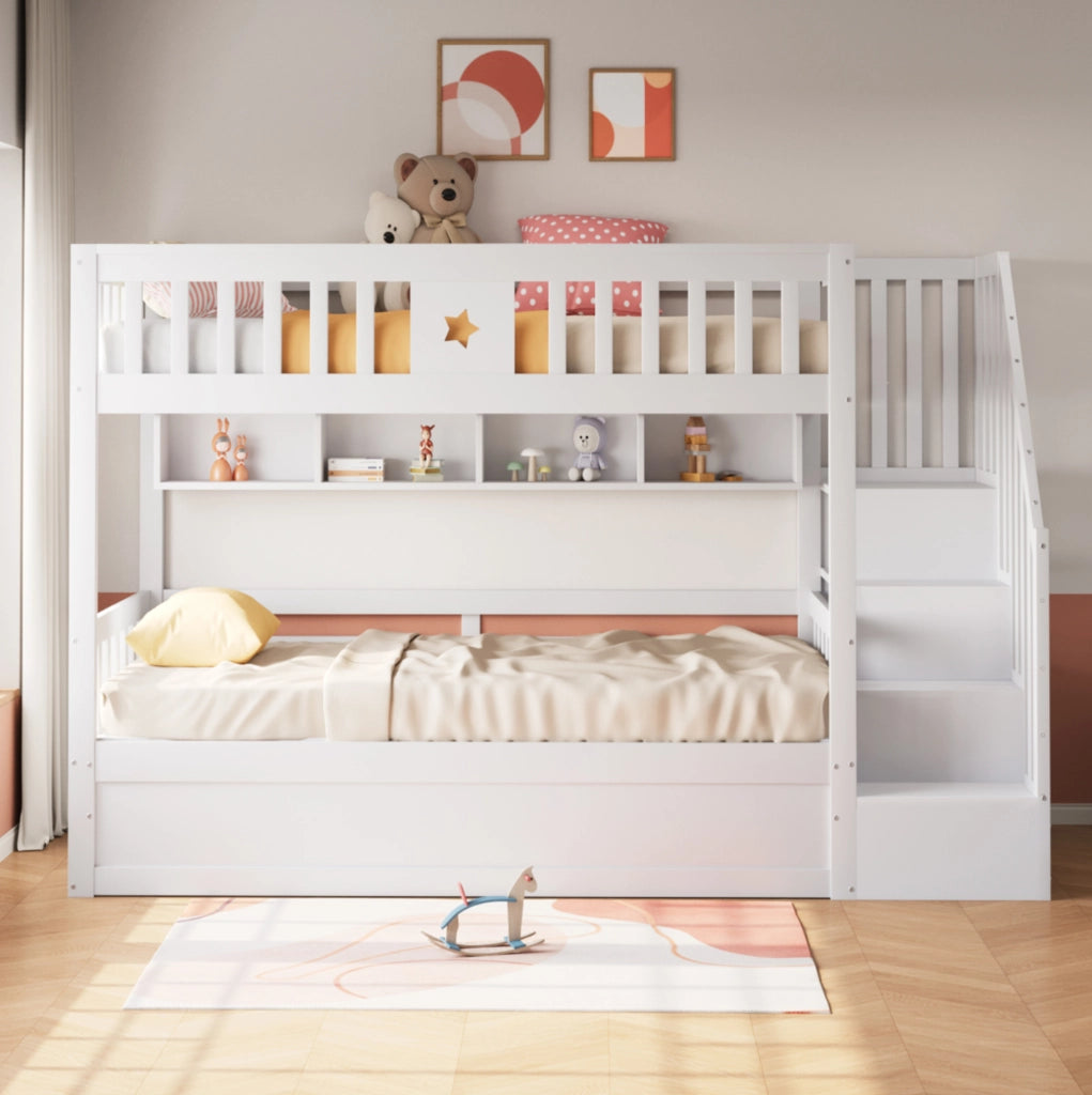 Letto a soppalco 90x200 cm con vano idraulico, scala contenitore e ripiani