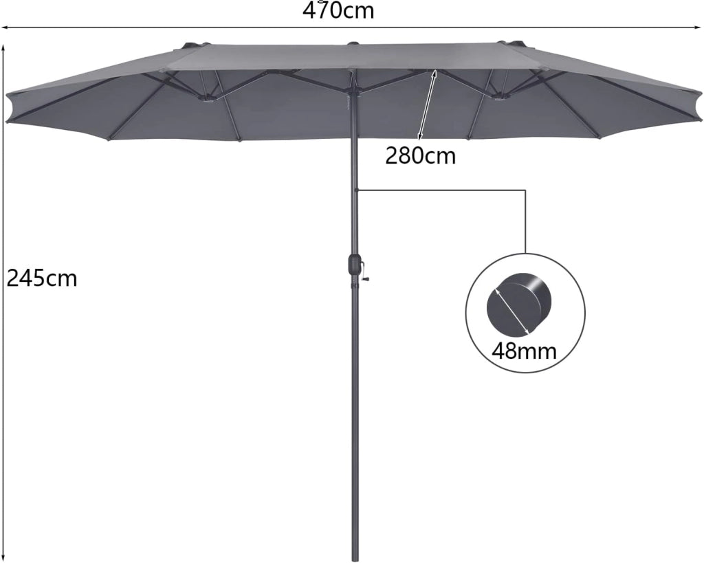 Ombrellone da Giardino Doppio 470 cm, Ombrello per Esterno con Manovella e 12 Stecche, Ombrello Rettangolare Pieghevole, per Giardino Piscina Terrazza, 470 x 280 x 245 cm (Grigio)